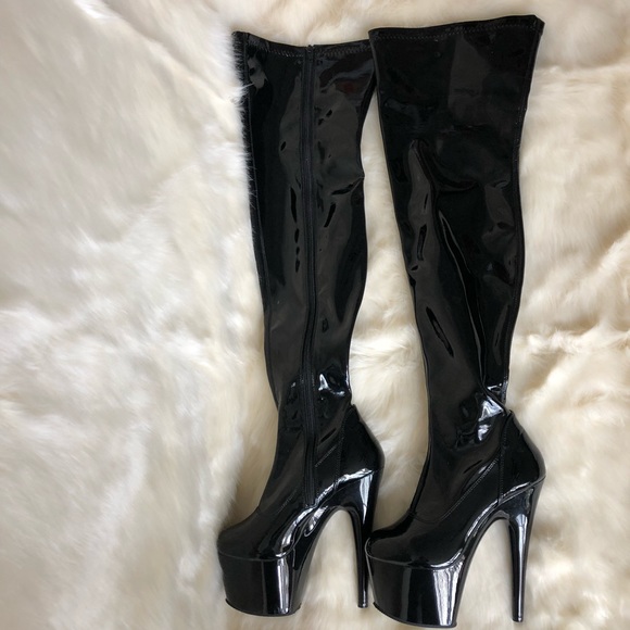 black latex thigh high boots